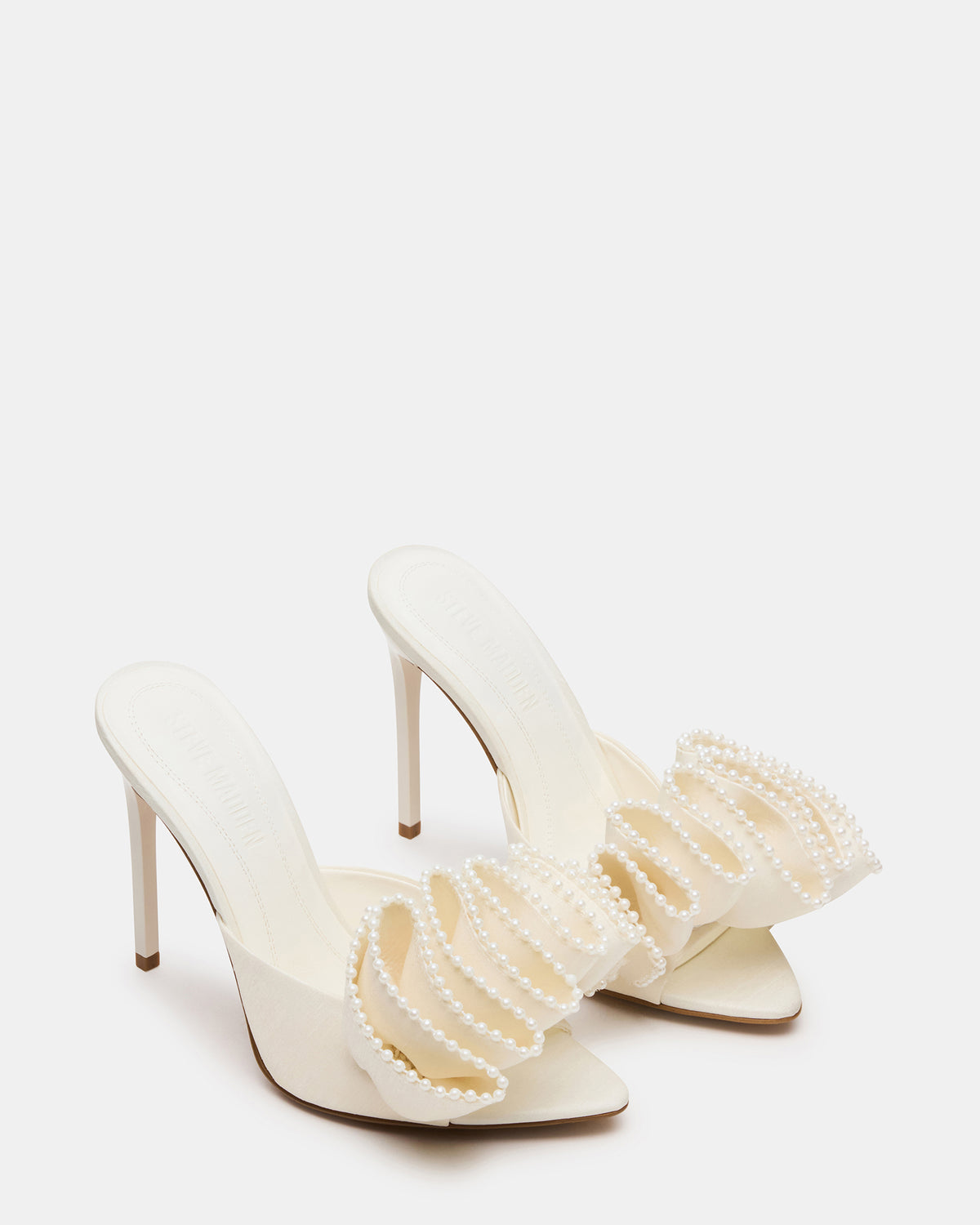 AFFINITY Pearl Ivory Satin Pointed-Toe Stiletto Mule Women's Heel - Steve Madden