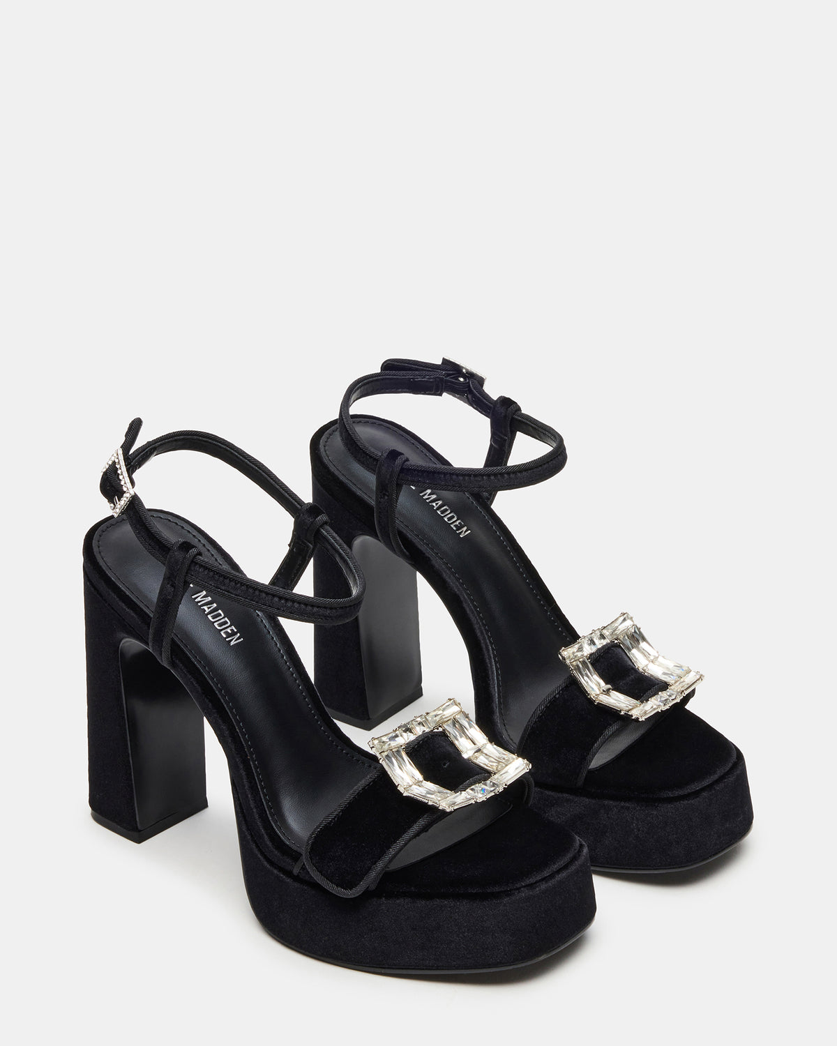 LIANDRA Buckle Black Velvet Women's Platform Square-Toe Strappy Heel - Steve Madden