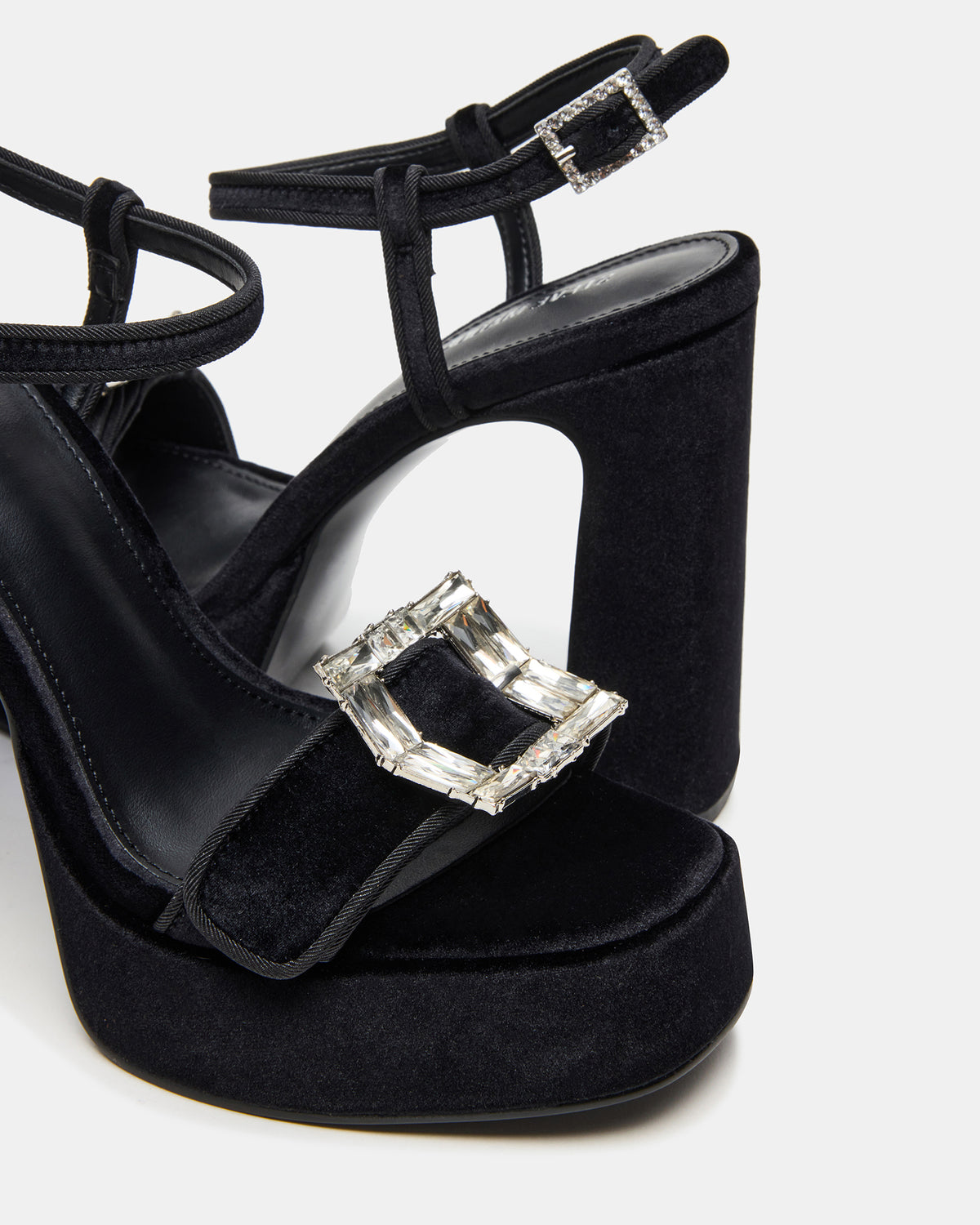 LIANDRA Buckle Black Velvet Women's Platform Square-Toe Strappy Heel - Steve Madden