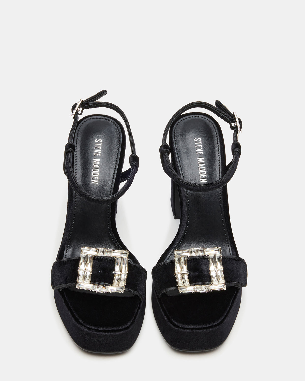 LIANDRA Buckle Black Velvet Women's Platform Square-Toe Strappy Heel - Steve Madden