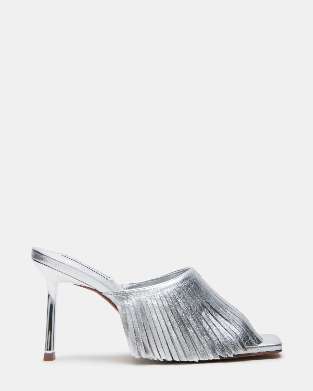 MORINA Silver Leather Square-Toe Stiletto Mule Fringe Heel | Women's Heels - Steve Madden