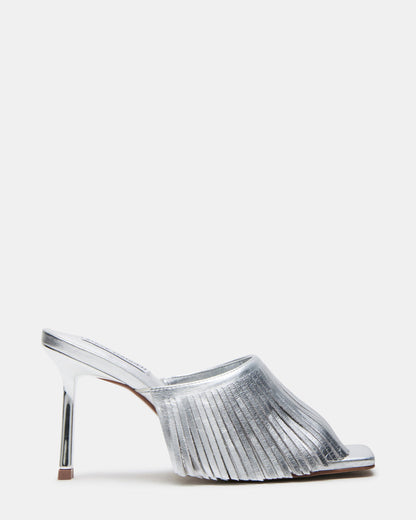 MORINA Silver Leather Square-Toe Stiletto Mule Fringe Heel | Women's Heels - Steve Madden