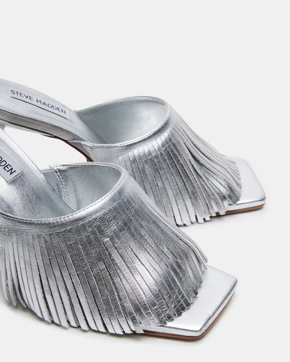 MORINA Silver Leather Square-Toe Stiletto Mule Fringe Heel | Women's Heels - Steve Madden