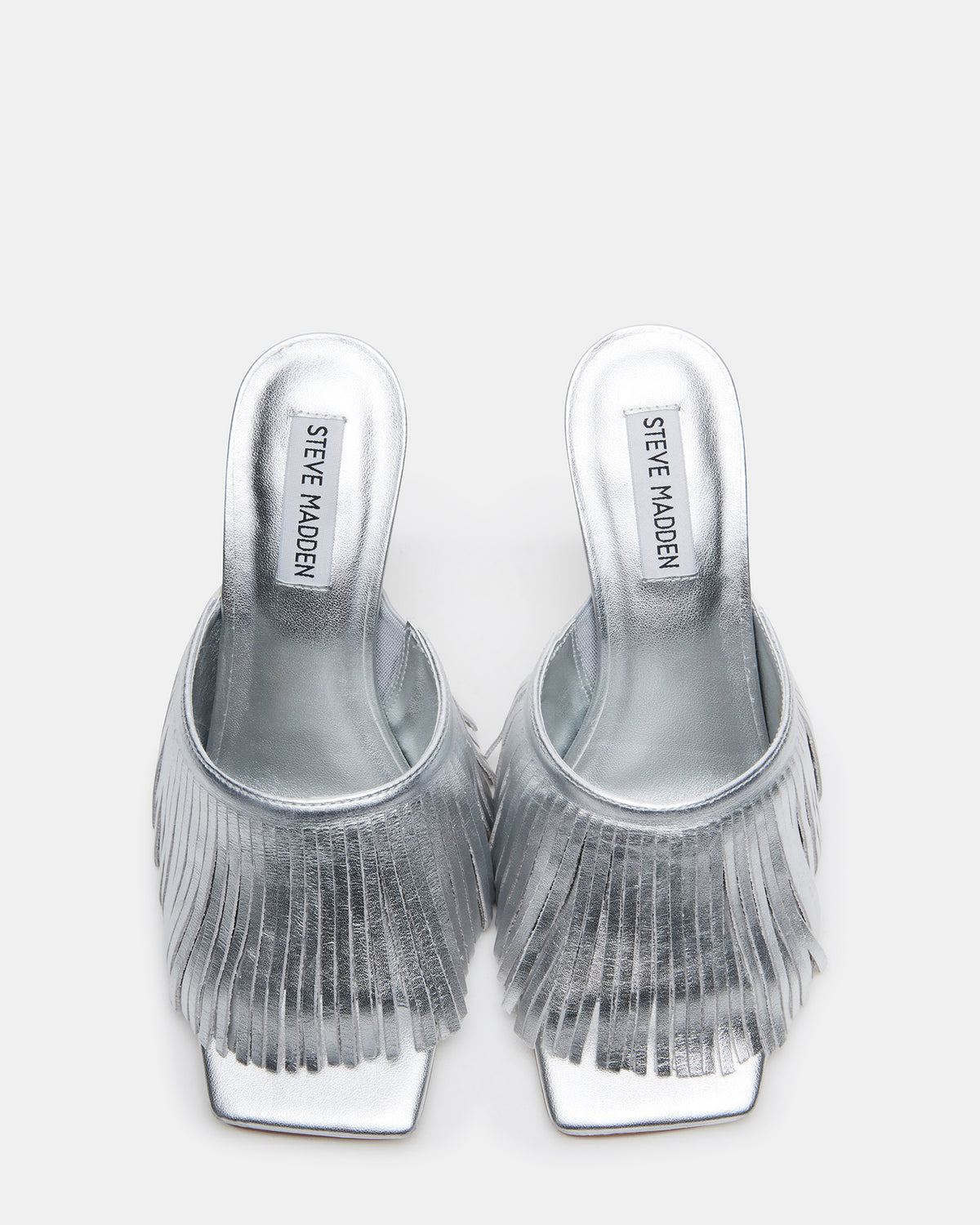 MORINA Silver Leather Square-Toe Stiletto Mule Fringe Heel | Women's Heels - Steve Madden