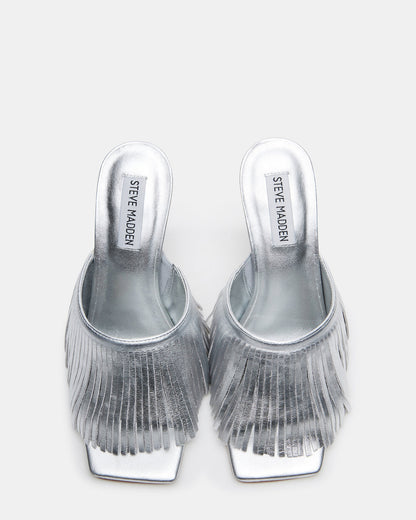 MORINA Silver Leather Square-Toe Stiletto Mule Fringe Heel | Women's Heels - Steve Madden