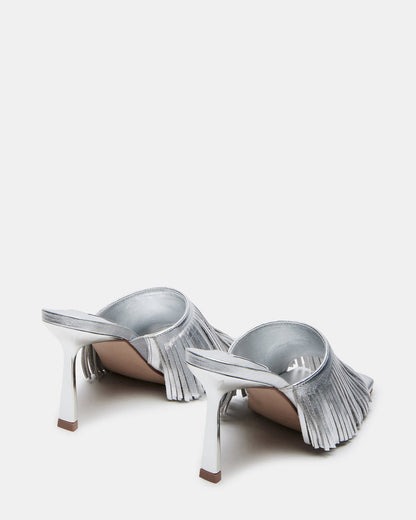 MORINA Silver Leather Square-Toe Stiletto Mule Fringe Heel | Women's Heels - Steve Madden