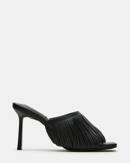 MORINA Black Leather Square-Toe Stiletto Mule Fringe Heel | Women's Heels - Steve Madden