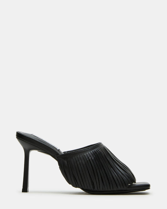 MORINA Black Leather Square-Toe Stiletto Mule Fringe Heel | Women's Heels - Steve Madden