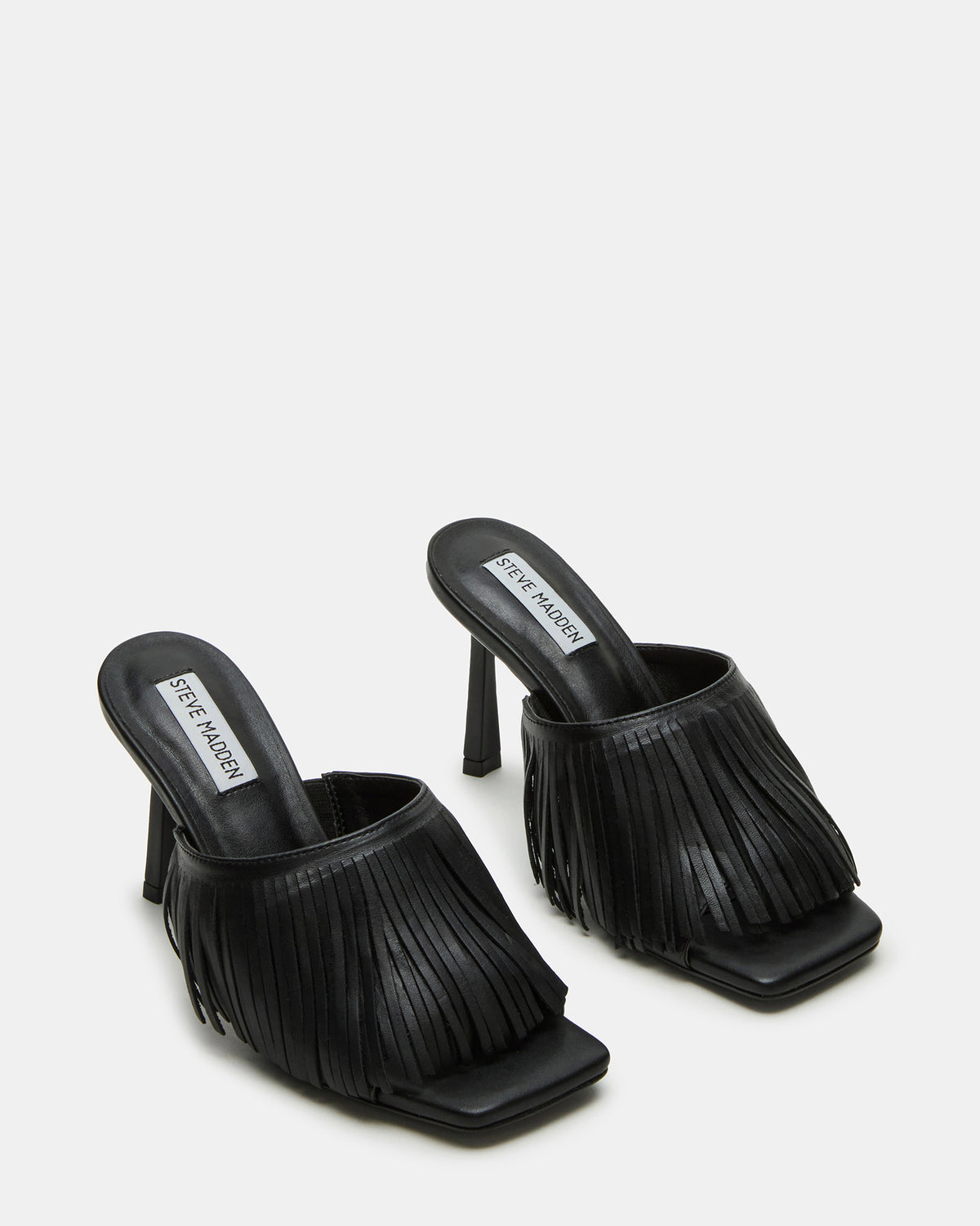 MORINA Black Leather Square-Toe Stiletto Mule Fringe Heel | Women's Heels - Steve Madden
