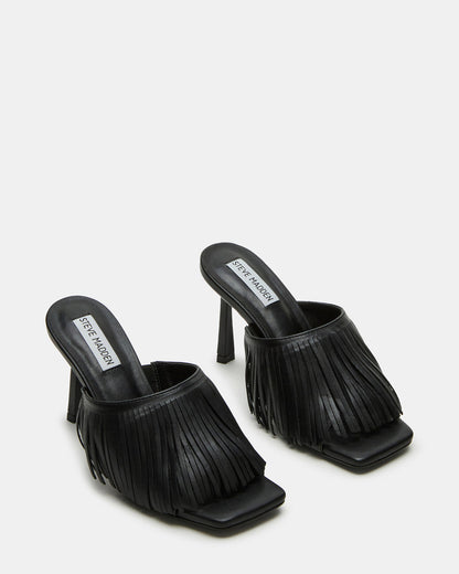 MORINA Black Leather Square-Toe Stiletto Mule Fringe Heel | Women's Heels - Steve Madden