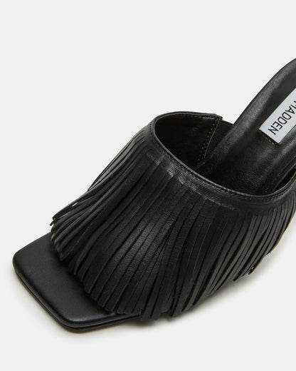 MORINA Black Leather Square-Toe Stiletto Mule Fringe Heel | Women's Heels - Steve Madden