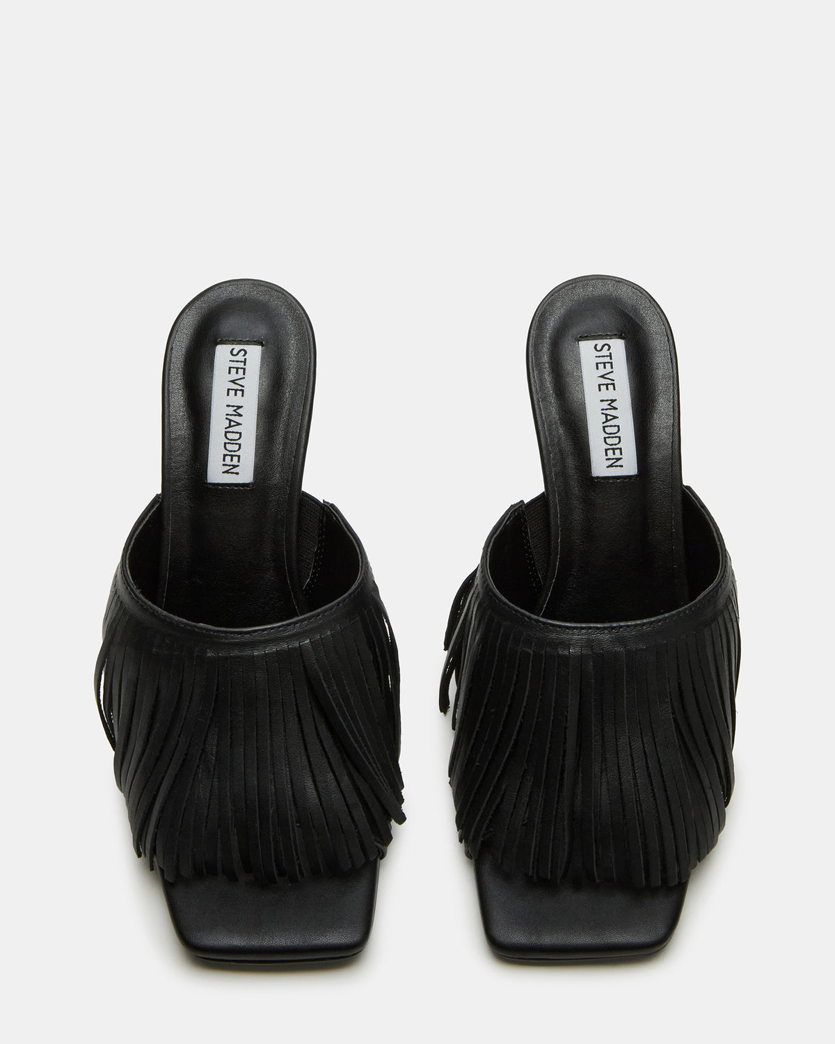 MORINA Black Leather Square-Toe Stiletto Mule Fringe Heel | Women's Heels - Steve Madden
