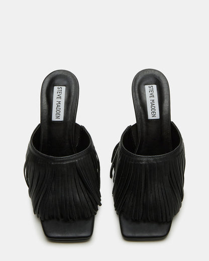 MORINA Black Leather Square-Toe Stiletto Mule Fringe Heel | Women's Heels - Steve Madden