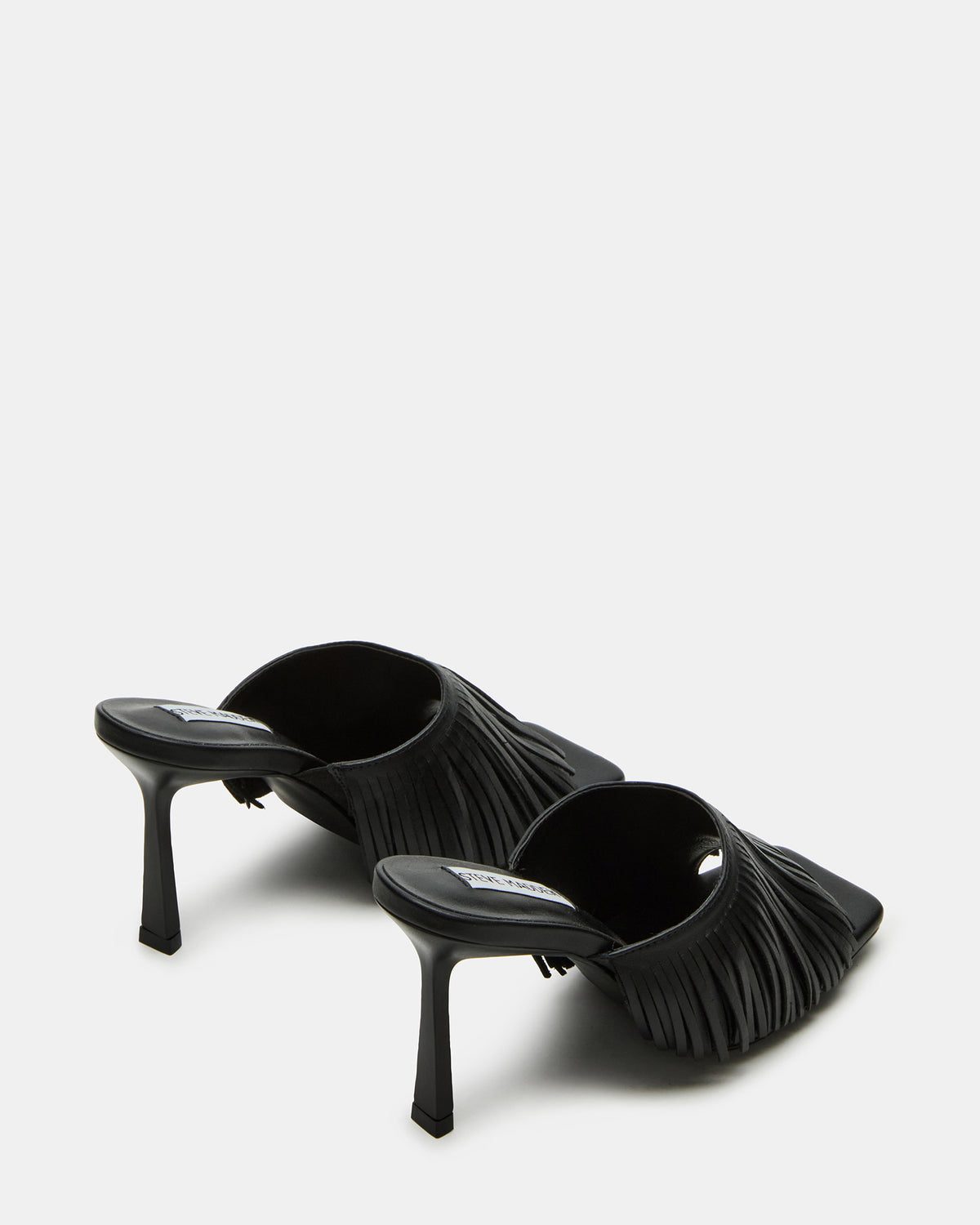 MORINA Black Leather Square-Toe Stiletto Mule Fringe Heel | Women's Heels - Steve Madden