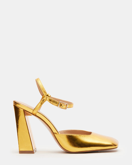 MOSAIC Gold Leather Square Toe Heel | Women's Heels - Steve Madden
