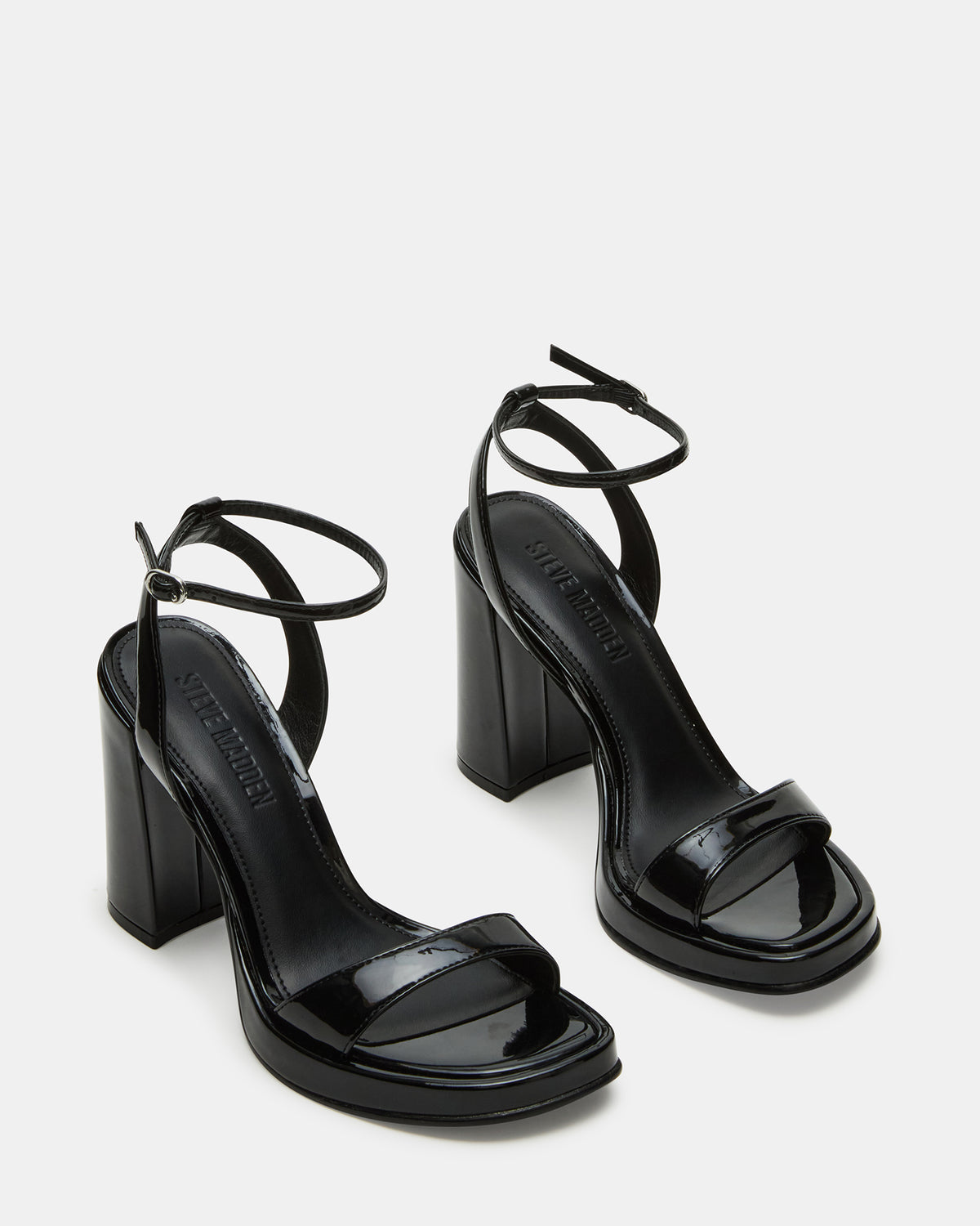 SULLIVAN Black Patent Square-Toe Strappy Heel | Women's Heels - Steve Madden