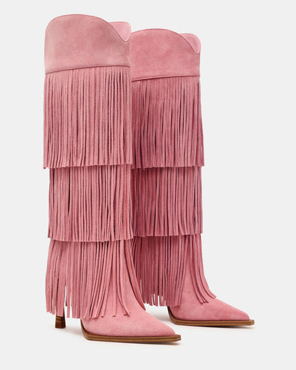 KINZEE Fringe Pink Suede Pointed-Toe Knee-High Western Stiletto Women's Boot - Steve Madden