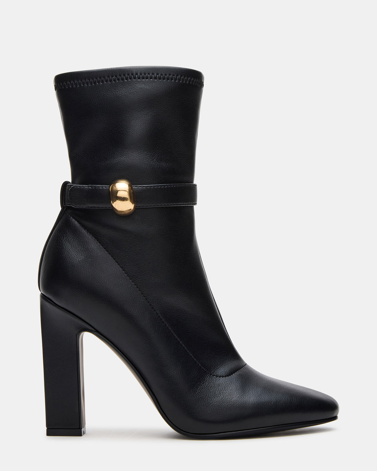 AROMA Black Buckle Gold Detail Block Heel Women's Ankle Boot - Steve Madden