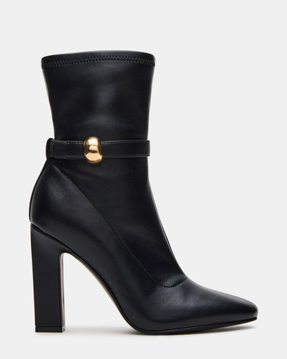 AROMA Black Buckle Gold Detail Block Heel Women's Ankle Boot - Steve Madden