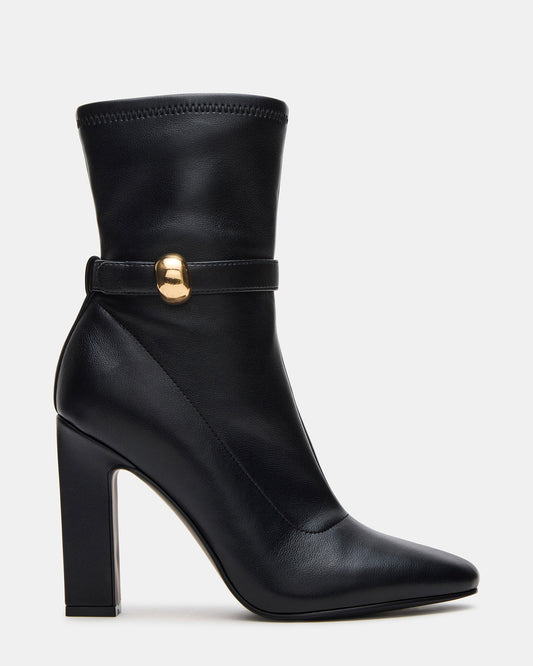AROMA Black Buckle Gold Detail Block Heel Women's Ankle Boot - Steve Madden