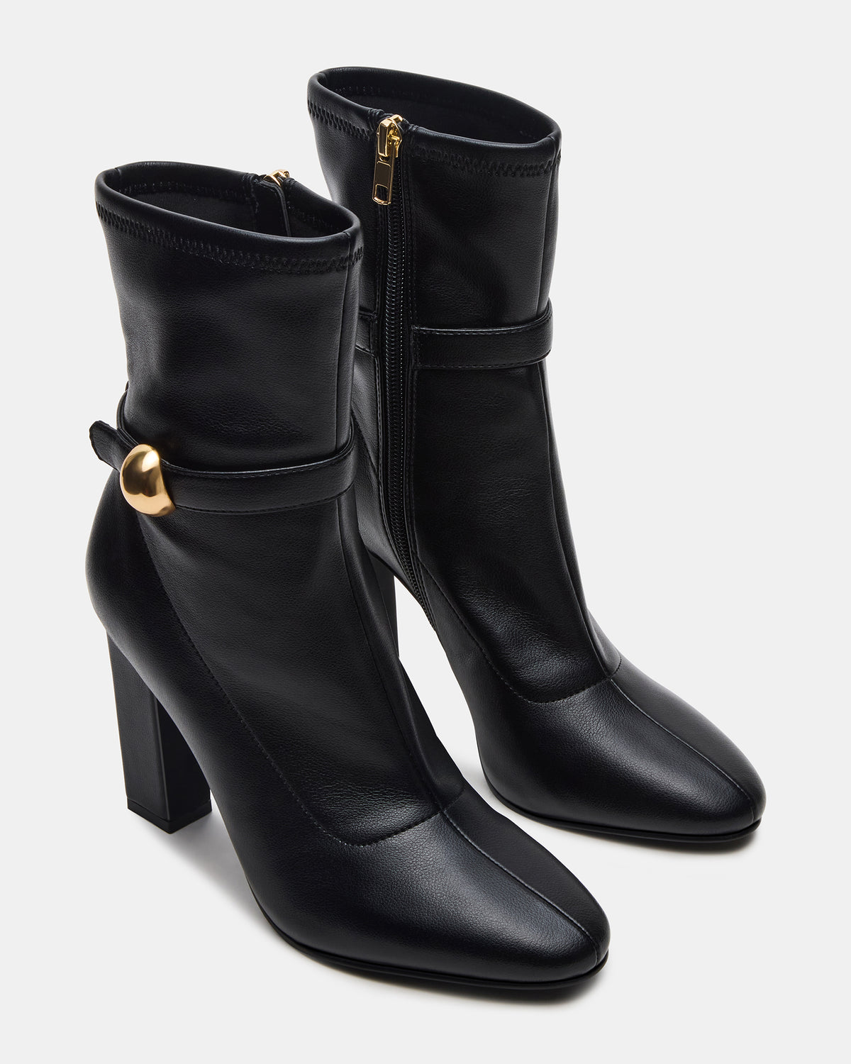 AROMA Black Buckle Gold Detail Block Heel Women's Ankle Boot - Steve Madden