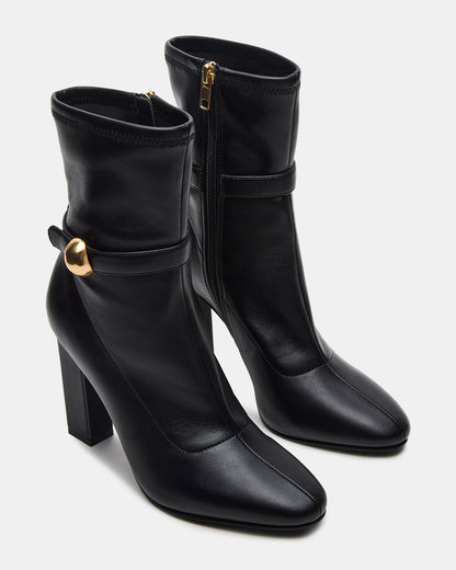 AROMA Black Buckle Gold Detail Block Heel Women's Ankle Boot - Steve Madden