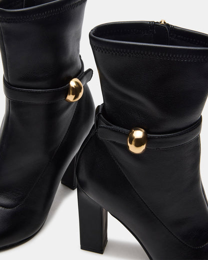 AROMA Black Buckle Gold Detail Block Heel Women's Ankle Boot - Steve Madden