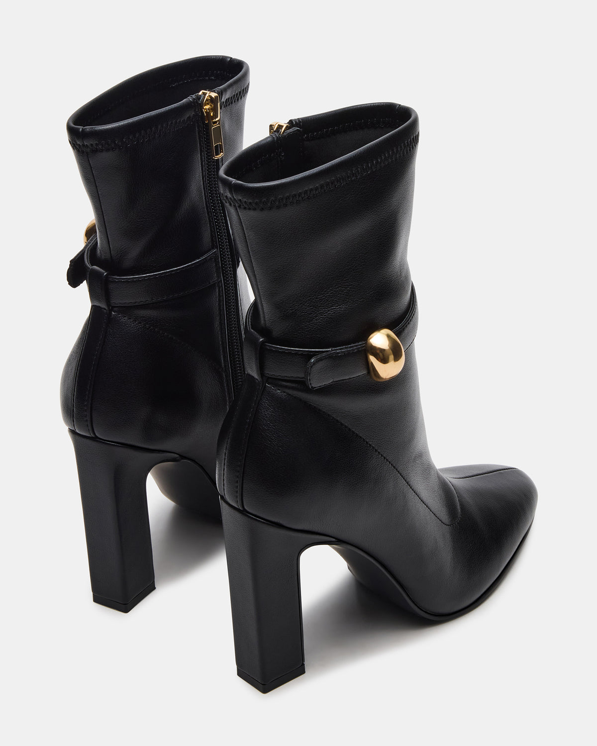 AROMA Black Buckle Gold Detail Block Heel Women's Ankle Boot - Steve Madden