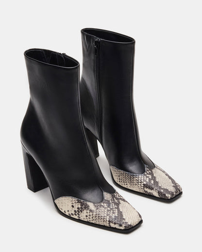 LYLE Black Leather with Snake Square-Toe Heeled Women's Ankle Boot - Steve Madden