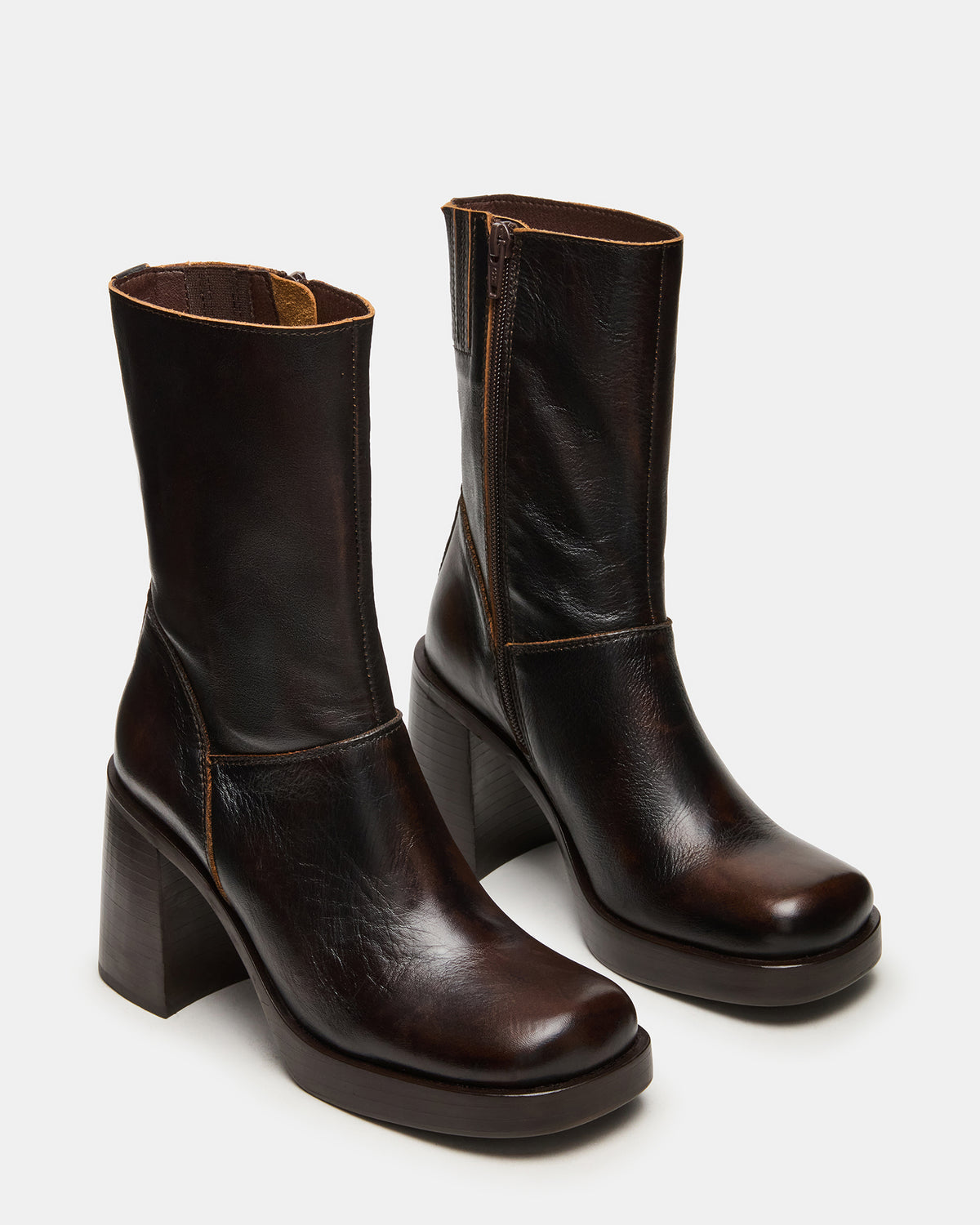FUSION Brown Distressed Square-Toe Block Heel Women's Ankle Boot - Steve Madden