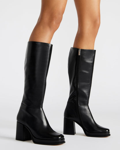 MYSTERY Black Leather Women's Block Heel Platform Boot - Steve Madden