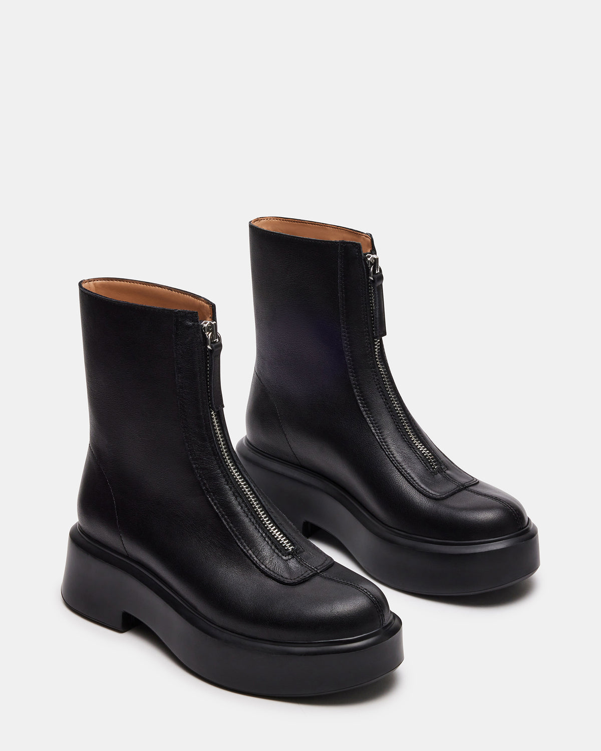 JONES Black Leather Zipper Lug Women's Ankle Boot - Steve Madden