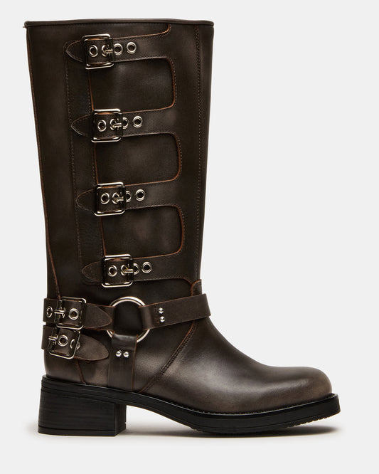 ROCKY Brown Distressed Wide Calf Knee-High Moto Women's Boot - Steve Madden