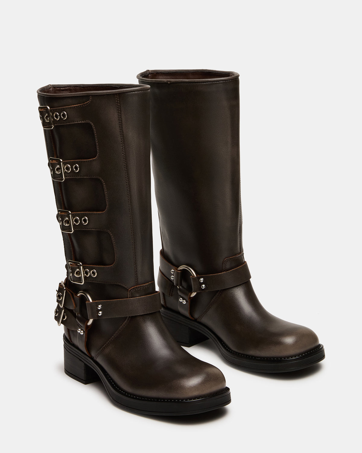ROCKY Brown Distressed Wide Calf Knee-High Moto Women's Boot - Steve Madden