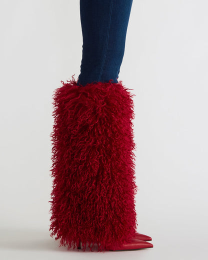 ICON Red Pointed-Toe Faux Fur Knee-High Stiletto Heel Women's Boot - Steve Madden