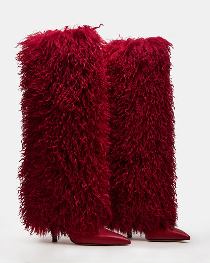 ICON Red Pointed-Toe Faux Fur Knee-High Stiletto Heel Women's Boot - Steve Madden