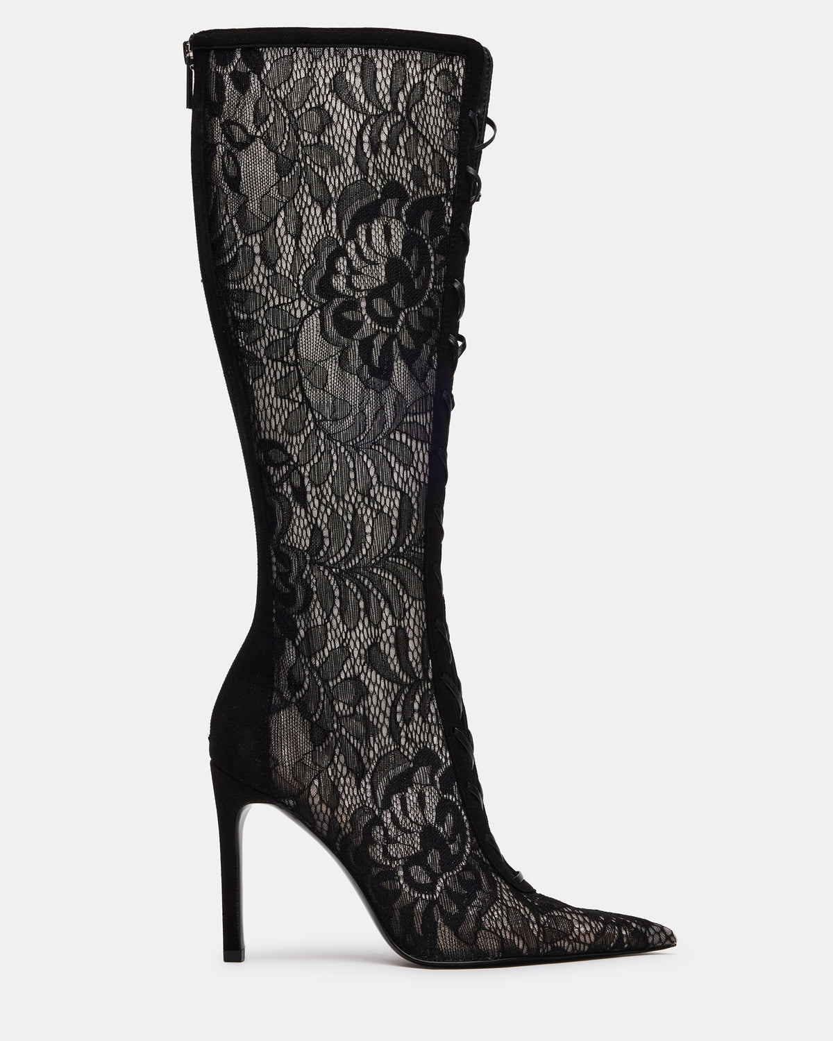 MAXINE Black Lace Pointed-Toe Knee-High Lace-Up Stiletto Women's Boot - Steve Madden