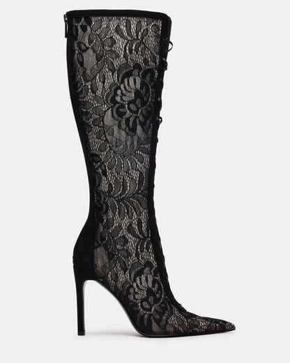 MAXINE Black Lace Pointed-Toe Knee-High Lace-Up Stiletto Women's Boot - Steve Madden