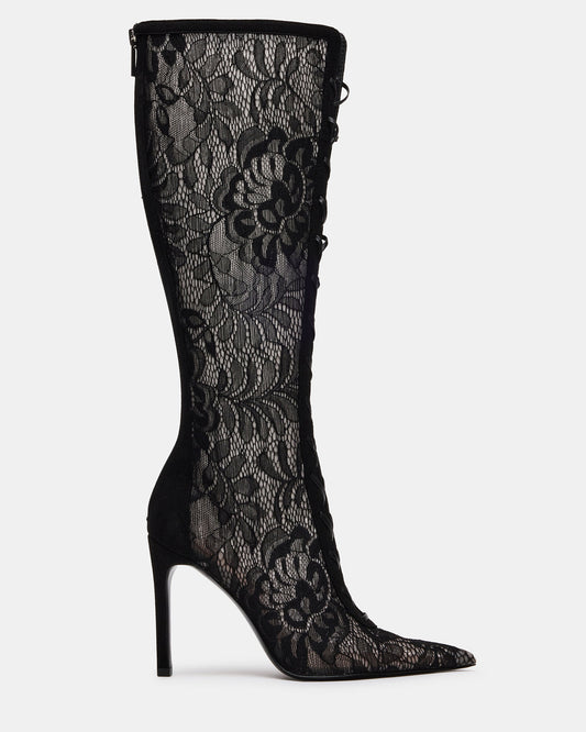 MAXINE Black Lace Pointed-Toe Knee-High Lace-Up Stiletto Women's Boot - Steve Madden