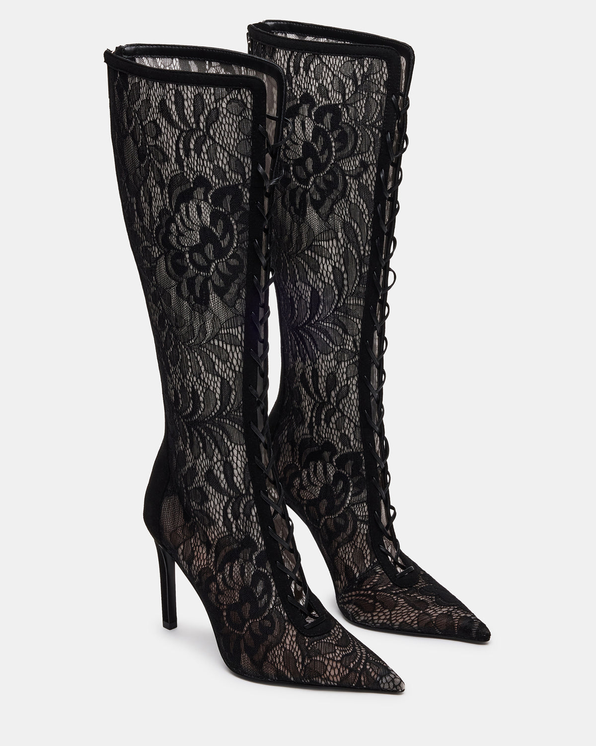 MAXINE Black Lace Pointed-Toe Knee-High Lace-Up Stiletto Women's Boot - Steve Madden