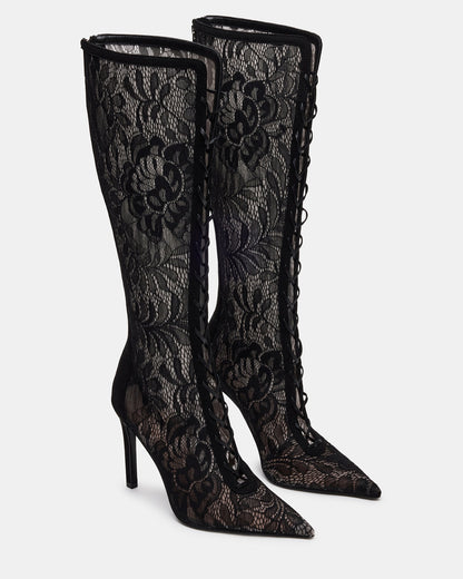 MAXINE Black Lace Pointed-Toe Knee-High Lace-Up Stiletto Women's Boot - Steve Madden