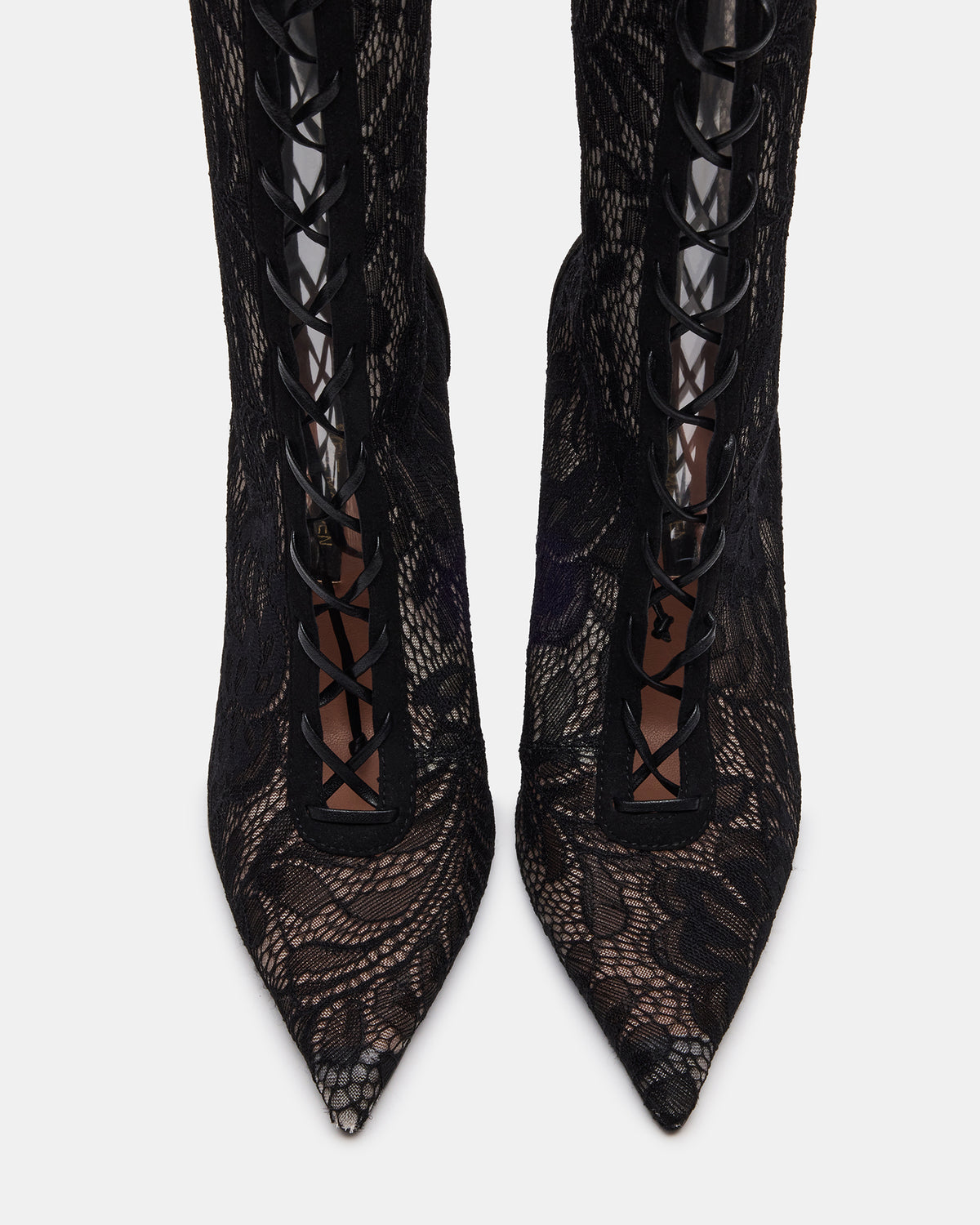 MAXINE Black Lace Pointed-Toe Knee-High Lace-Up Stiletto Women's Boot - Steve Madden