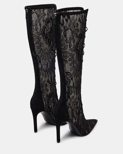 MAXINE Black Lace Pointed-Toe Knee-High Lace-Up Stiletto Women's Boot - Steve Madden