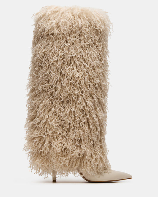 ICON Off-White Pointed-Toe Faux Fur Knee-High Stiletto Heel Women's Boot - Steve Madden