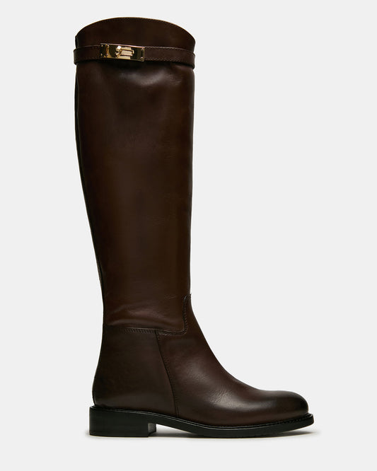 BEXLEY Brown Leather Knee-High Round-Toe Buckle Women's Boot - Steve Madden
