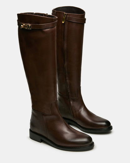 BEXLEY Brown Leather Knee-High Round-Toe Buckle Women's Boot - Steve Madden