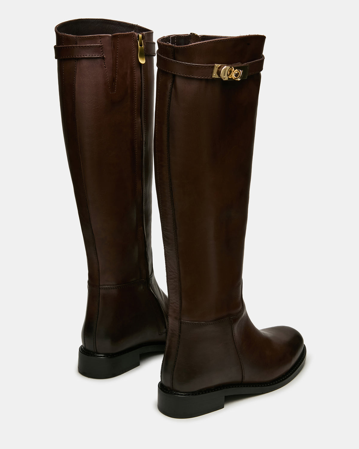 BEXLEY Brown Leather Knee-High Round-Toe Buckle Women's Boot - Steve Madden