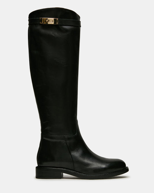 BEXLEY Black Leather Knee-High Round-Toe Buckle Women's Boot - Steve Madden