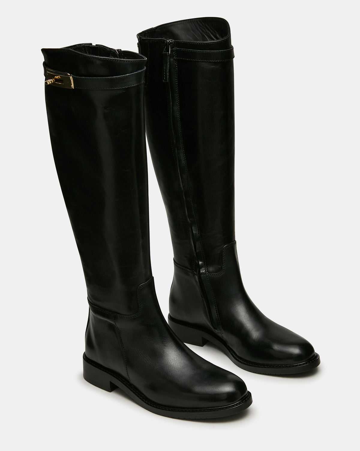 BEXLEY Black Leather Knee-High Round-Toe Buckle Women's Boot - Steve Madden