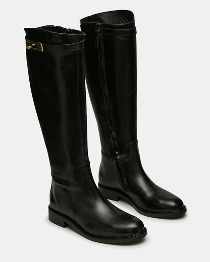 BEXLEY Black Leather Knee-High Round-Toe Buckle Women's Boot - Steve Madden